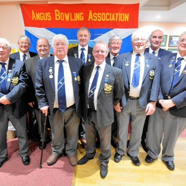 Angus Bowling Association Past Presidents Rear from Left, Tom Fraser, Callum Ramsay, Ken Tosh, Burnett Taylor, Mike Murray Front Row, Davie Gallacher, Jim Lorimer, Bob Torrie, Dave Robertson, Peter Clyne Picture taken at 2018 ABA Dinner at Abbey B C 